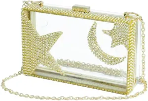 Ladies Clear Acrylic Moon and Star Rhinestone Chain Bag Sparkly Transparant Clutch Purse for Women Evening