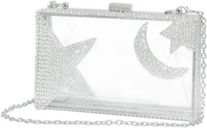 Ladies Clear Acrylic Moon and Star Rhinestone Chain Bag Sparkly Transparant Clutch Purse for Women Evening