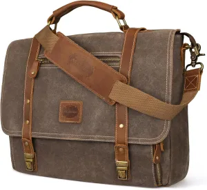 Laptop Messenger bag for Mens 15.6 Inch, Waterproof Vintage Genuine Leather Mens Briefcase shoulder bag 16 Storage Pockets, Waxed Canvas Leather Computer Business Satchel Work Bag (Brown)
