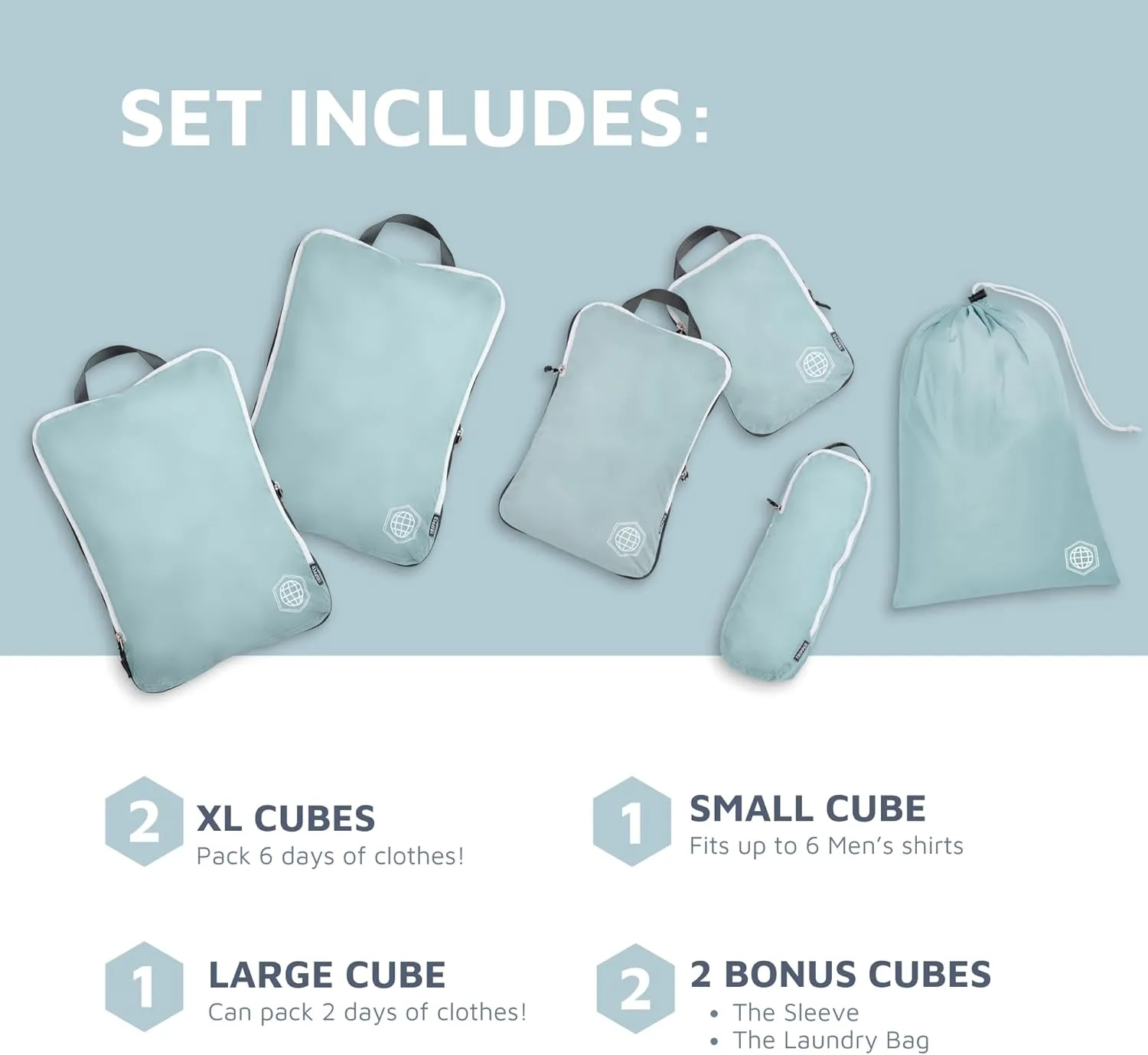 Large Compression Packing Cubes 6 Piece Set for Travel with Lightweight Laundry Bag for Carry-On Suitcase by TRIPPED Travel Gear (Teal/White)