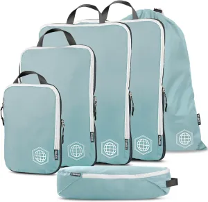 Large Compression Packing Cubes 6 Piece Set for Travel with Lightweight Laundry Bag for Carry-On Suitcase by TRIPPED Travel Gear (Teal/White)