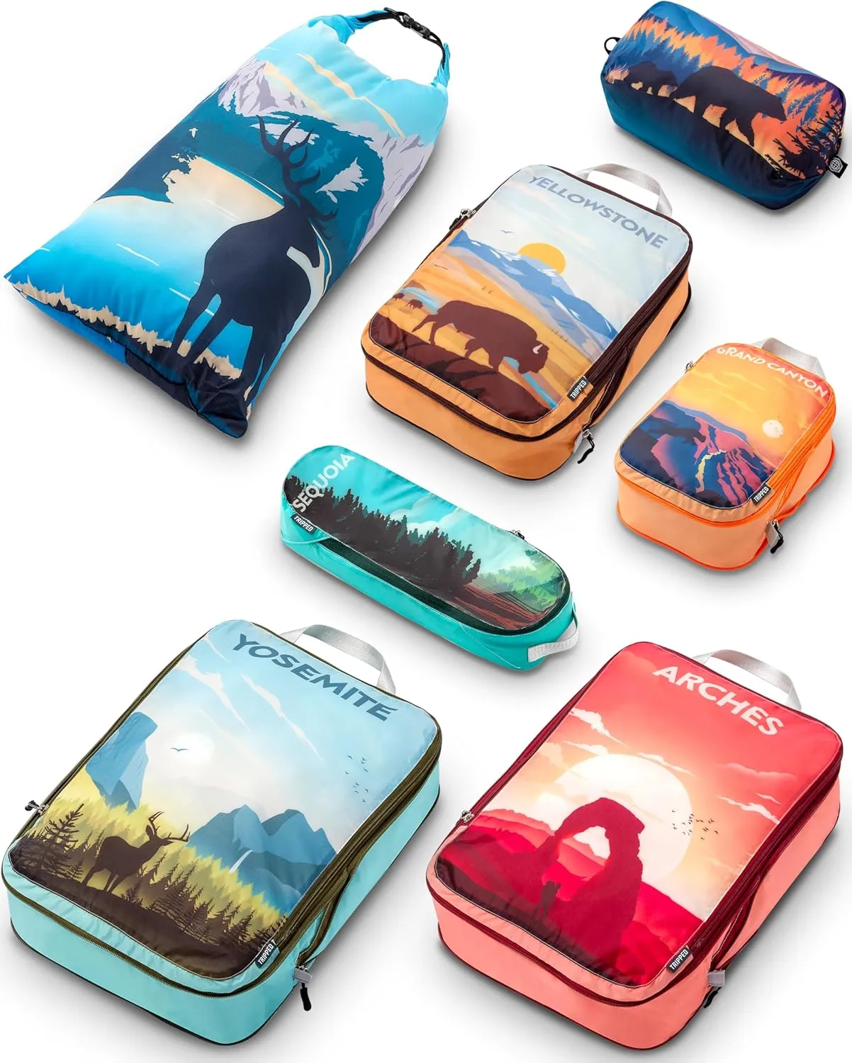 Large Compression Packing Cubes for Travel-Packing Cube Luggage Organizers 7 Piece Set for Checked Luggage-Ultralight, Expandable/Compression Bags by TRIPPED Travel Gear (National Parks)