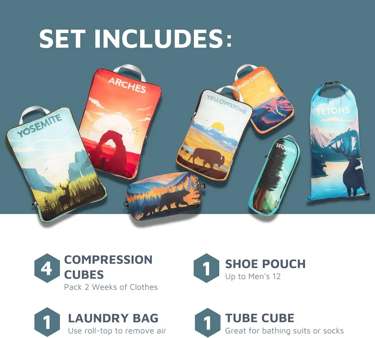 Large Compression Packing Cubes for Travel-Packing Cube Luggage Organizers 7 Piece Set for Checked Luggage-Ultralight, Expandable/Compression Bags by TRIPPED Travel Gear (National Parks)