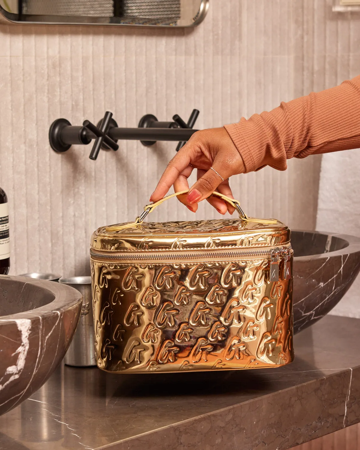 LARGE METALLIC MONOGRAM TOILETRY BAG - METALLIC GOLD