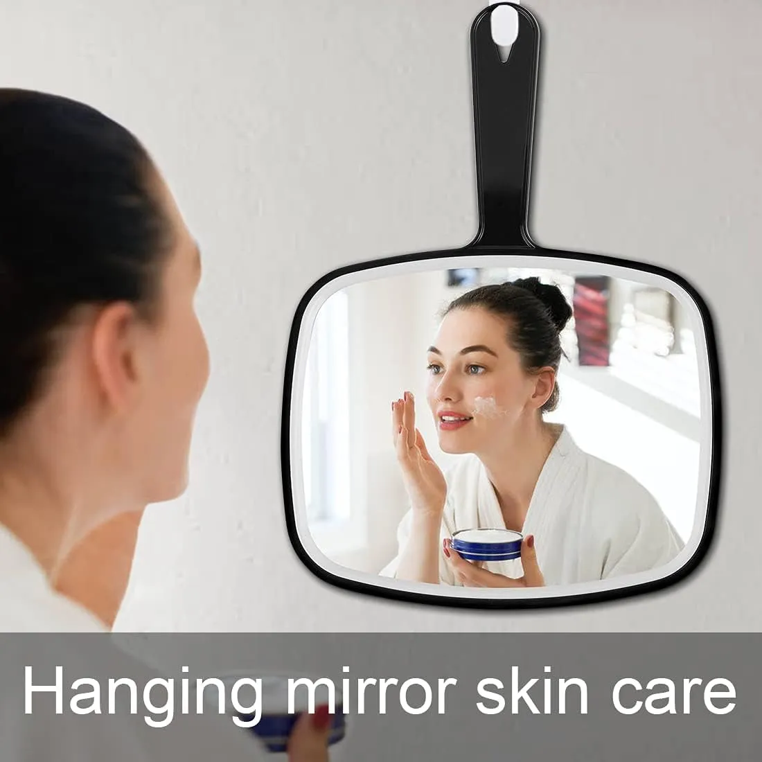 Large Wall Mount Hand Mirror with Handle, for Vanity Makeup Home Salon Travel Use (Square Black 10.3Inx7.3In)
