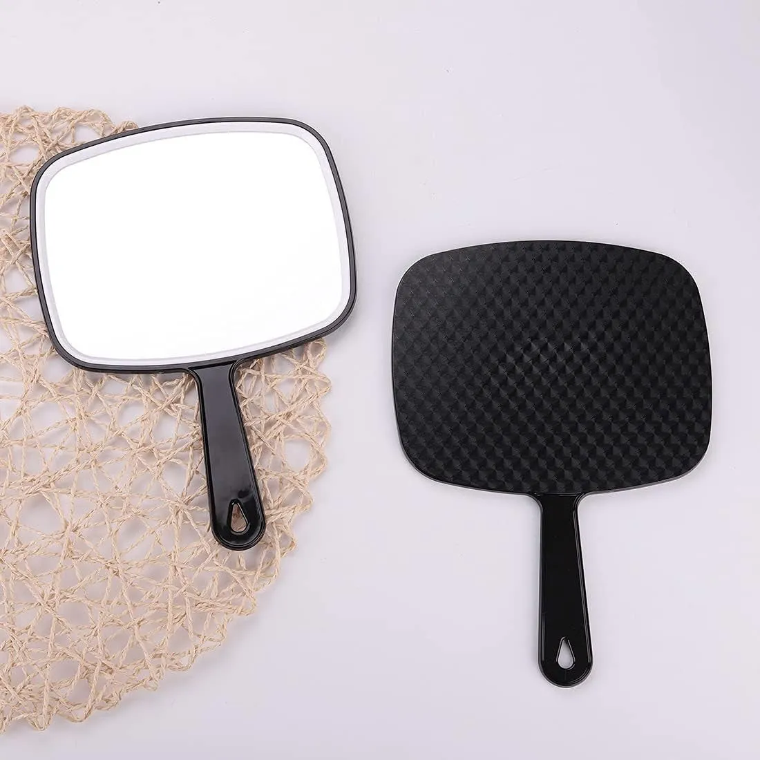 Large Wall Mount Hand Mirror with Handle, for Vanity Makeup Home Salon Travel Use (Square Black 10.3Inx7.3In)
