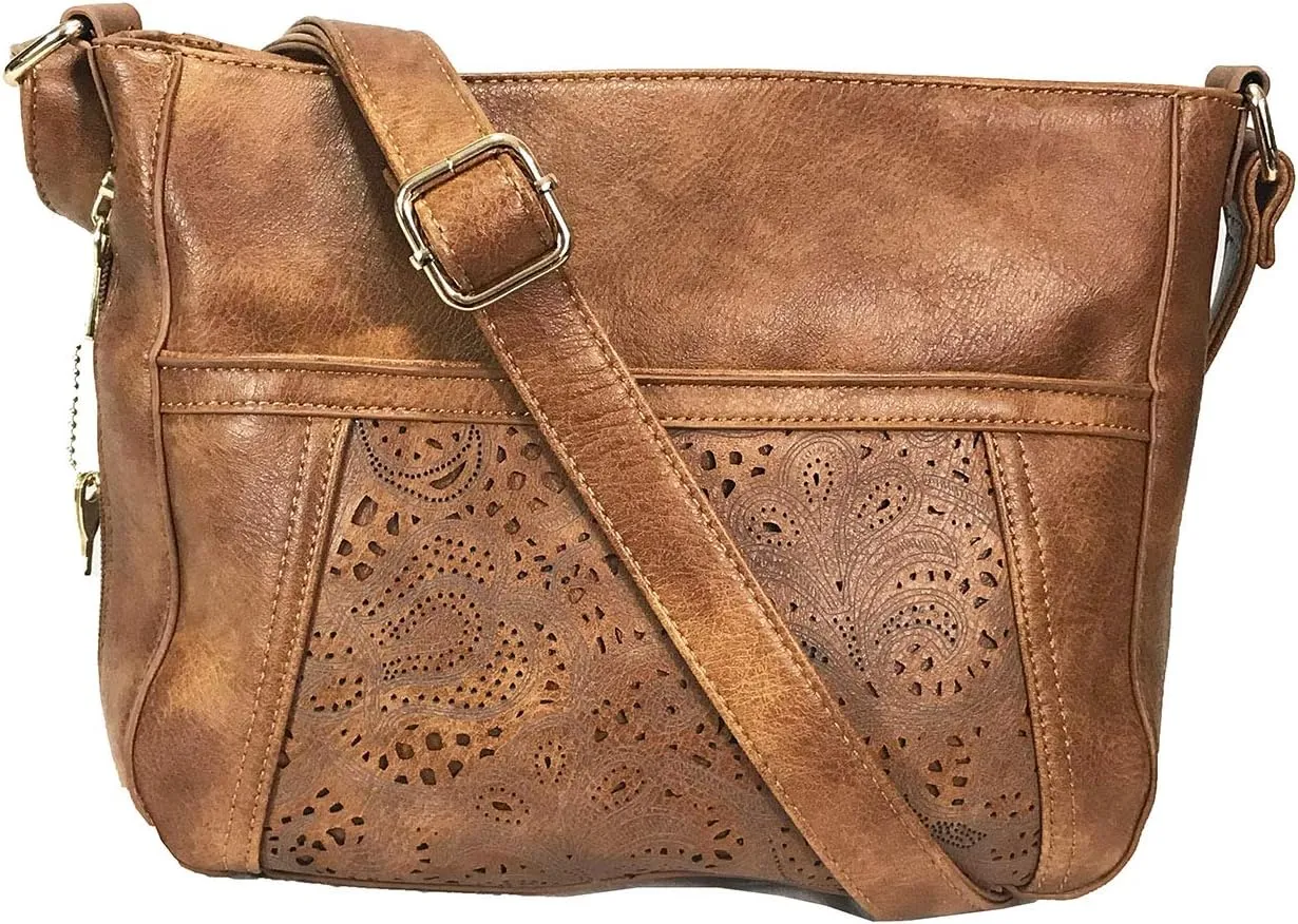 Laser Cut Locking Small Concealed Carry Purse CCW Crossbody Bag with Credit Card Slots