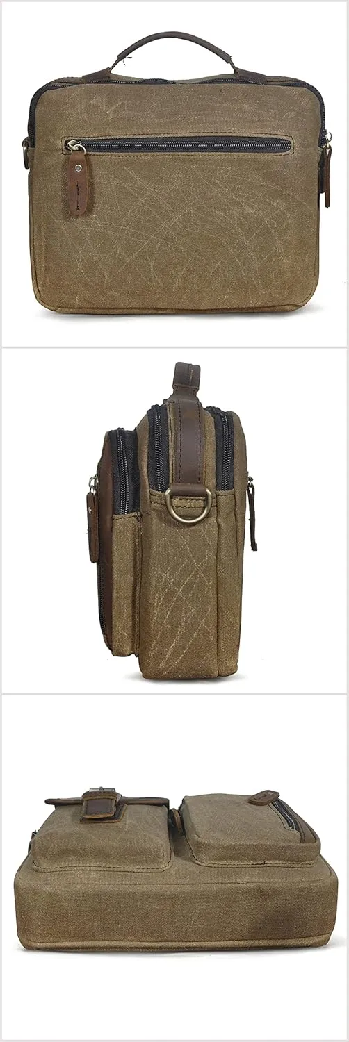 Le'aokuu Mens Canvas And Genuine Leather Cross Body Case Waterproof Messenger Bag Shoulder Satchel Tote Bag 036 (Brown)