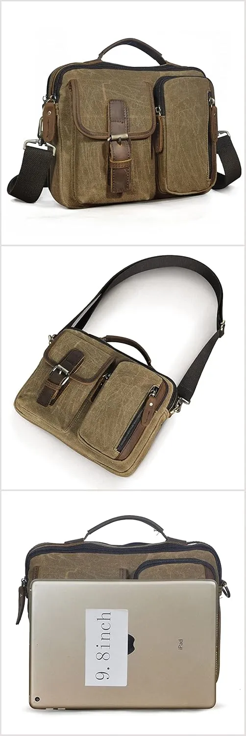 Le'aokuu Mens Canvas And Genuine Leather Cross Body Case Waterproof Messenger Bag Shoulder Satchel Tote Bag 036 (Brown)