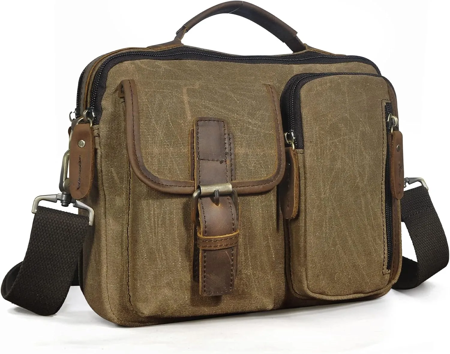 Le'aokuu Mens Canvas And Genuine Leather Cross Body Case Waterproof Messenger Bag Shoulder Satchel Tote Bag 036 (Brown)