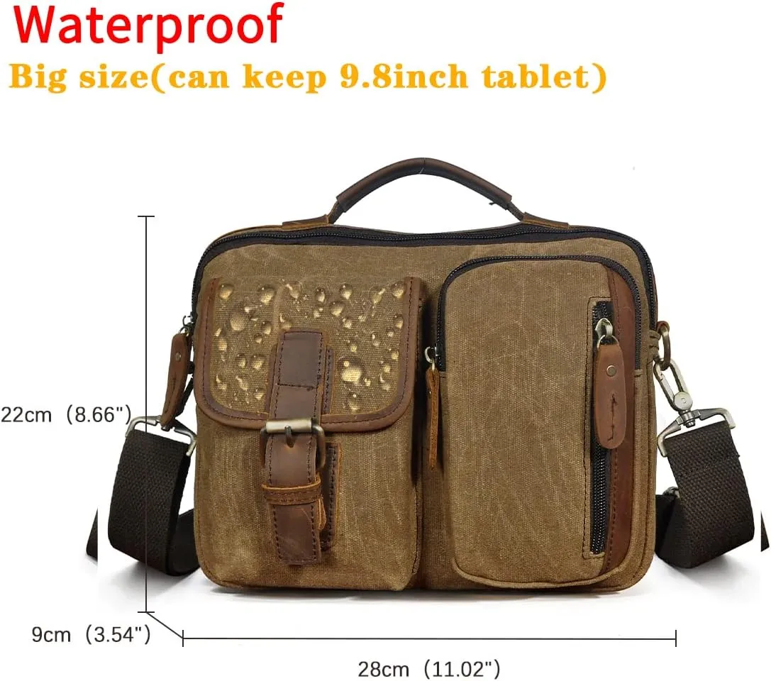 Le'aokuu Mens Canvas And Genuine Leather Cross Body Case Waterproof Messenger Bag Shoulder Satchel Tote Bag 036 (Brown)