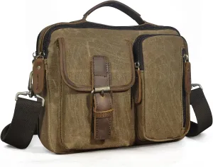 Le'aokuu Mens Canvas And Genuine Leather Cross Body Case Waterproof Messenger Bag Shoulder Satchel Tote Bag 036 (Brown)