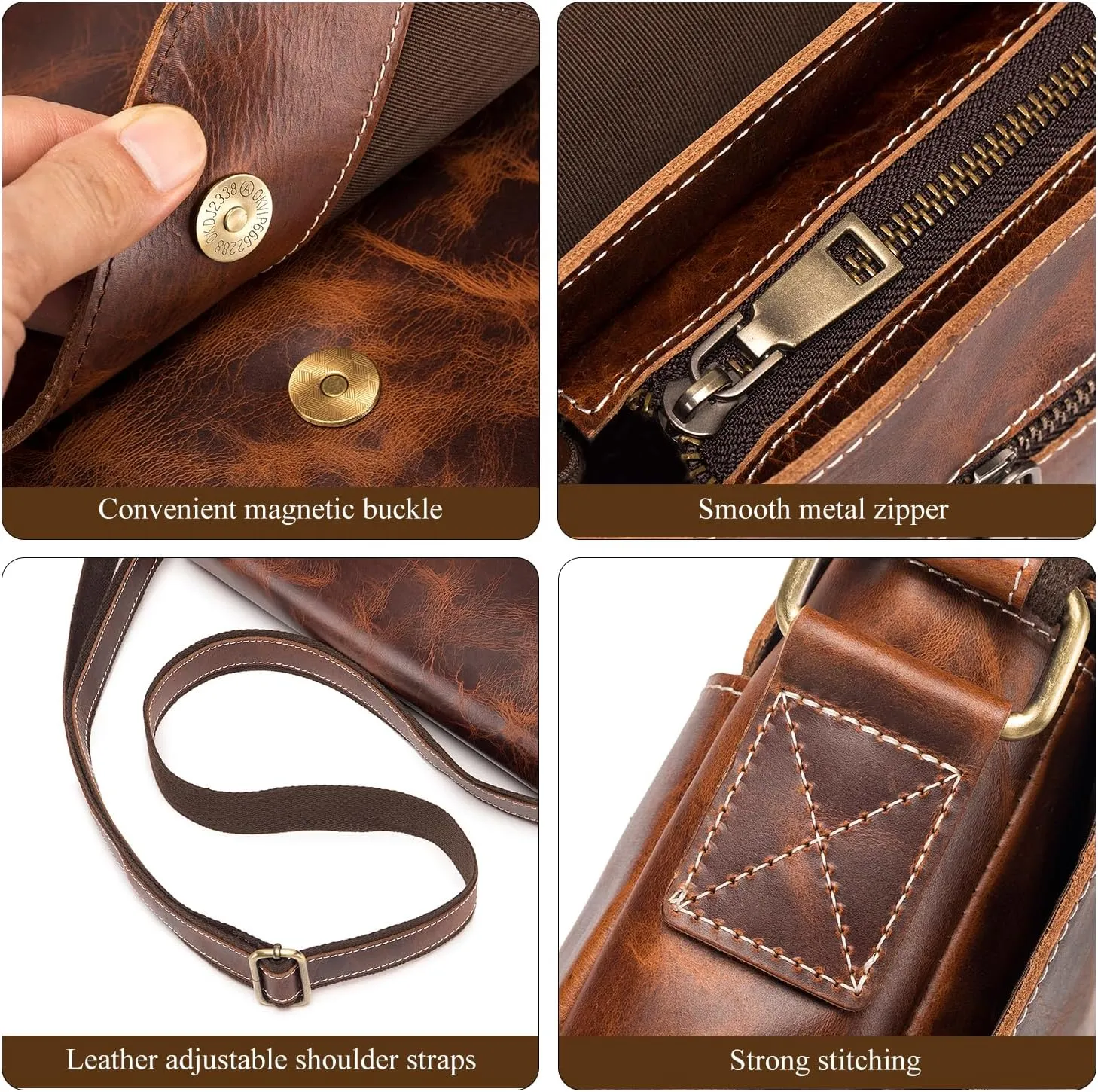 Leather Messenger Bag for Men Women Medium Satchel bag Retro Crossbody Shoulder bag Mens Purse Handbag
