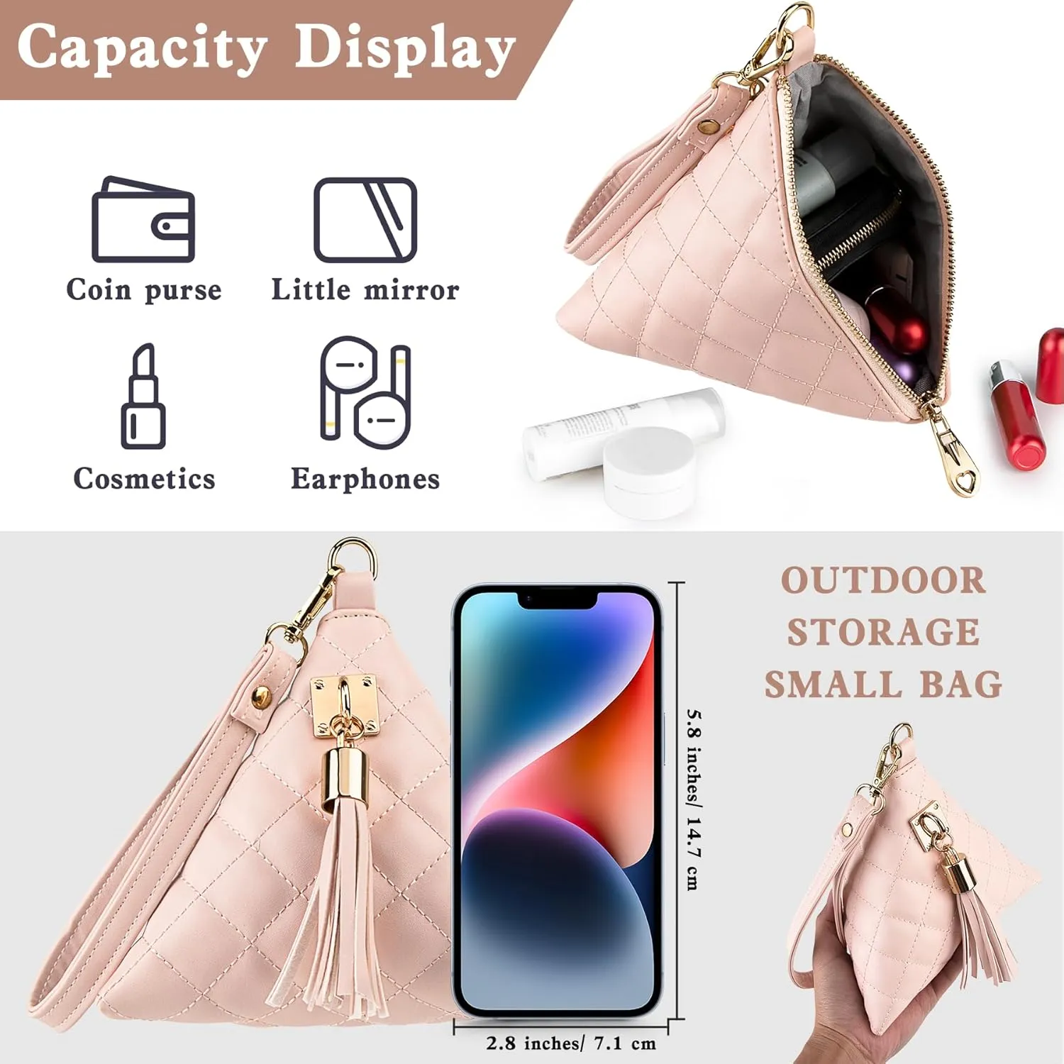 Leather Triangle Wristlet Clutch Purse Handbag - Cool Pyramid Evening Cocktail Pouch Wallet Detachable Strap & Tassel Charm