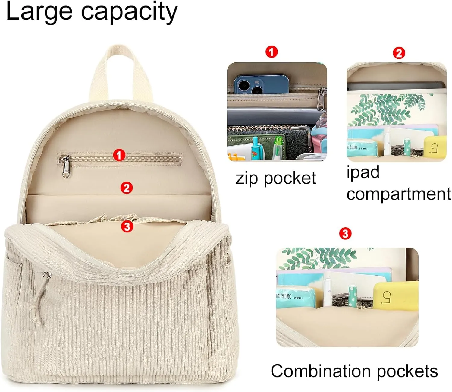 LEDAOU Mini Backpack Women Girls Corduroy Casual Bookbags Cute Small Backpack Purse Fashion Lightweight Daypack School Travel Bag 2PCS