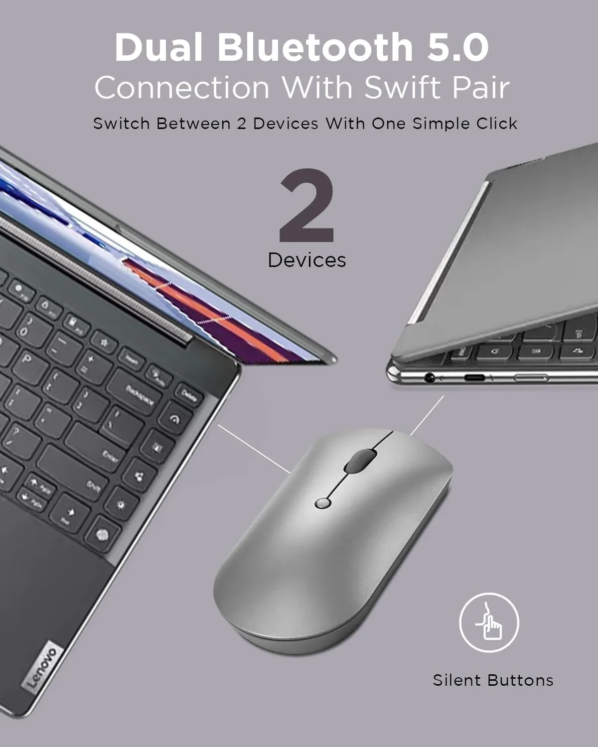 Lenovo 600 Bluetooth Silent Mouse, Blue Optical Sensor, Adjustable DPI, 4 Button, Microsoft Swift Pair, Windows, Chrome, GY50X88832, Gray & Laptop Bag T210, Messenger Shoulder Bag for Laptop or Tablet