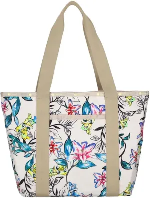 LeSportsac Wistful Florals Everyday Zip Tote Handbag/Travel Bag, Style 3867/Color E543, Vibrant & Festive Full Size Colorful Blooms Artfully Arranged on Neutral Beige/White Striated Backdrop