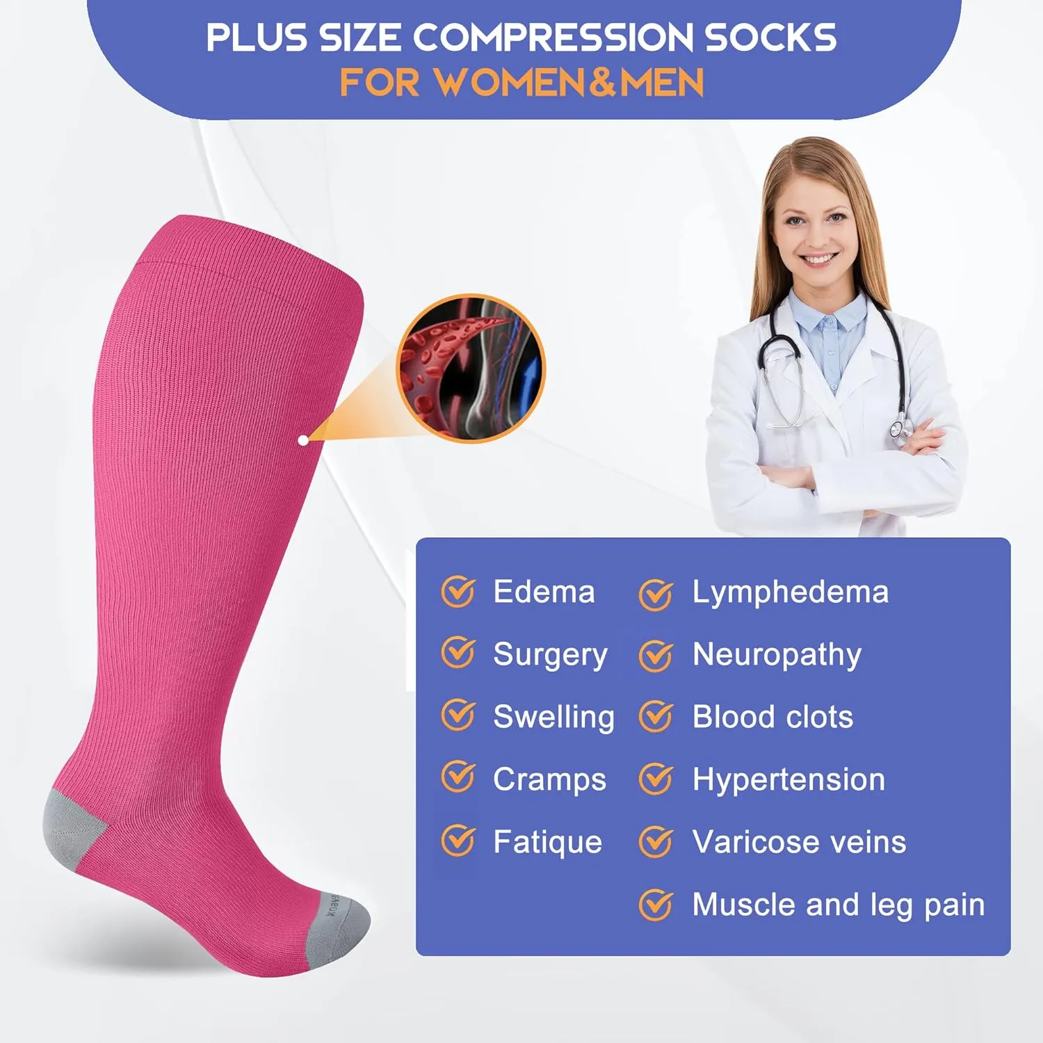 LEVSOX Plus Size Compression Socks for Women Men Wide Calf Extra Large 15-20 mmHg Knee High Sock for Nurses Pregnant Travel