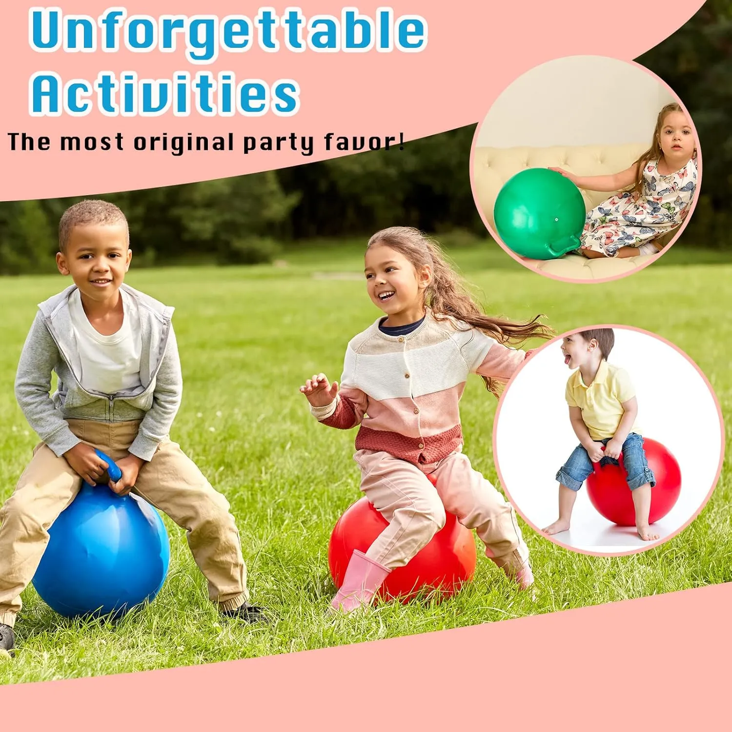 Lewtemi 3 Pcs 22 Inch Bouncing Ball with Handle, Outdoors Hopper Jumping Hopping Ball and Air Pump for Sports School Games Exercise (Red, Blue, Green)