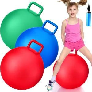Lewtemi 3 Pcs 22 Inch Bouncing Ball with Handle, Outdoors Hopper Jumping Hopping Ball and Air Pump for Sports School Games Exercise (Red, Blue, Green)