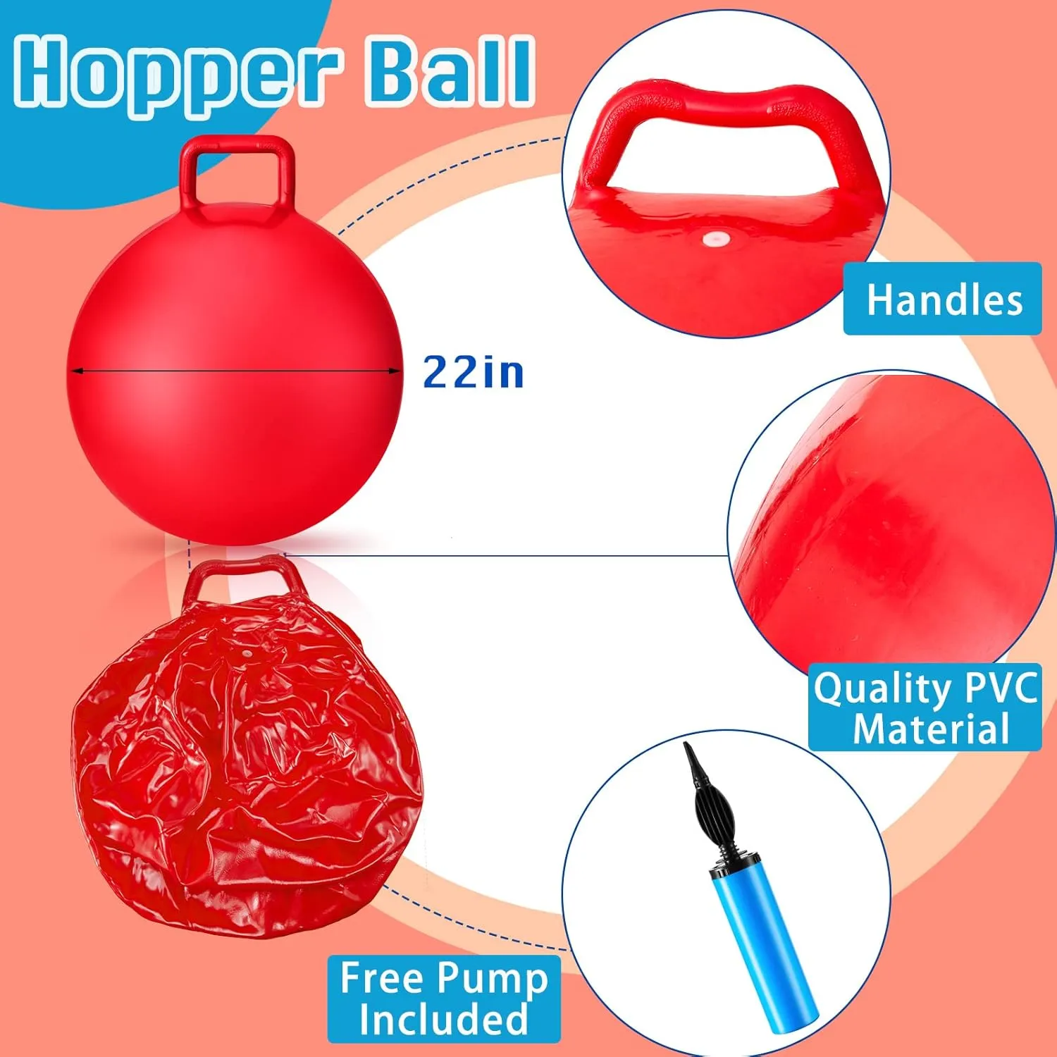 Lewtemi 3 Pcs 22 Inch Bouncing Ball with Handle, Outdoors Hopper Jumping Hopping Ball and Air Pump for Sports School Games Exercise (Red, Blue, Green)