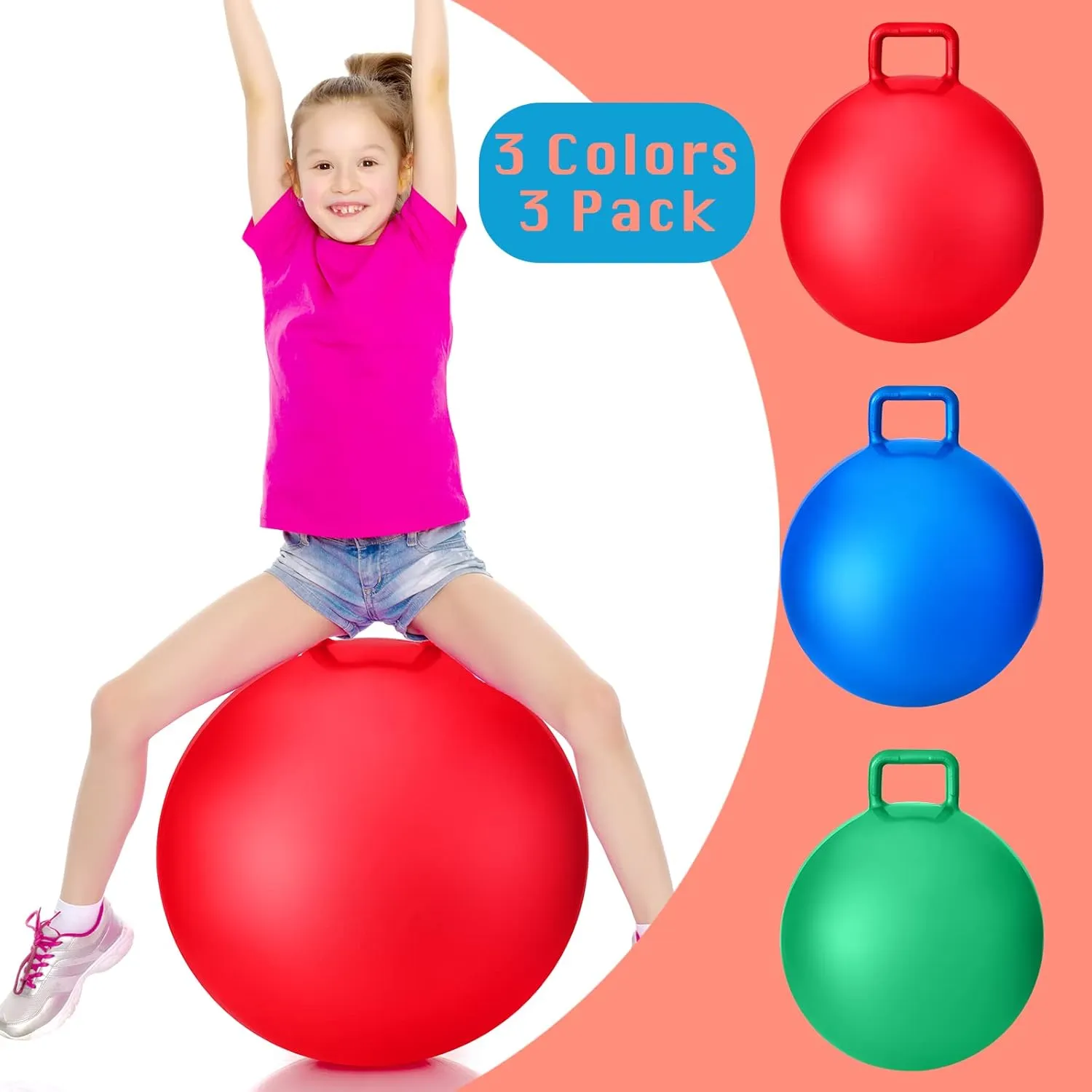 Lewtemi 3 Pcs 22 Inch Bouncing Ball with Handle, Outdoors Hopper Jumping Hopping Ball and Air Pump for Sports School Games Exercise (Red, Blue, Green)