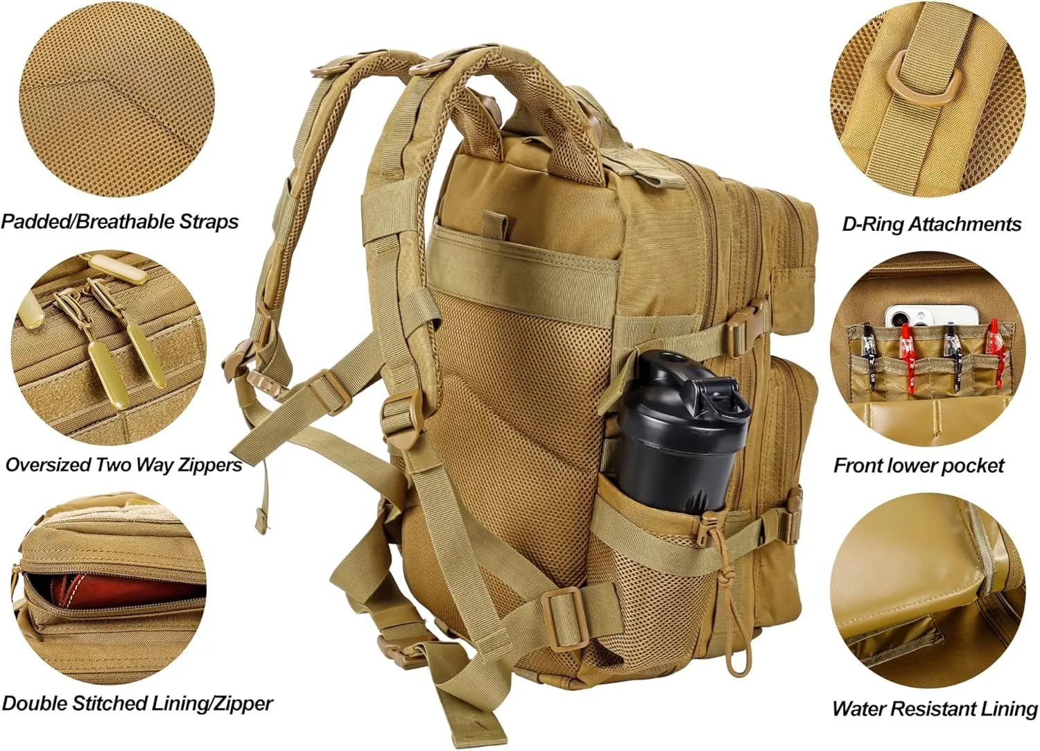 LHI Tactical Military Backpack for Men and Women 25L/35L Army Assault Pack Bag Small Rucksack with Bottle Holder