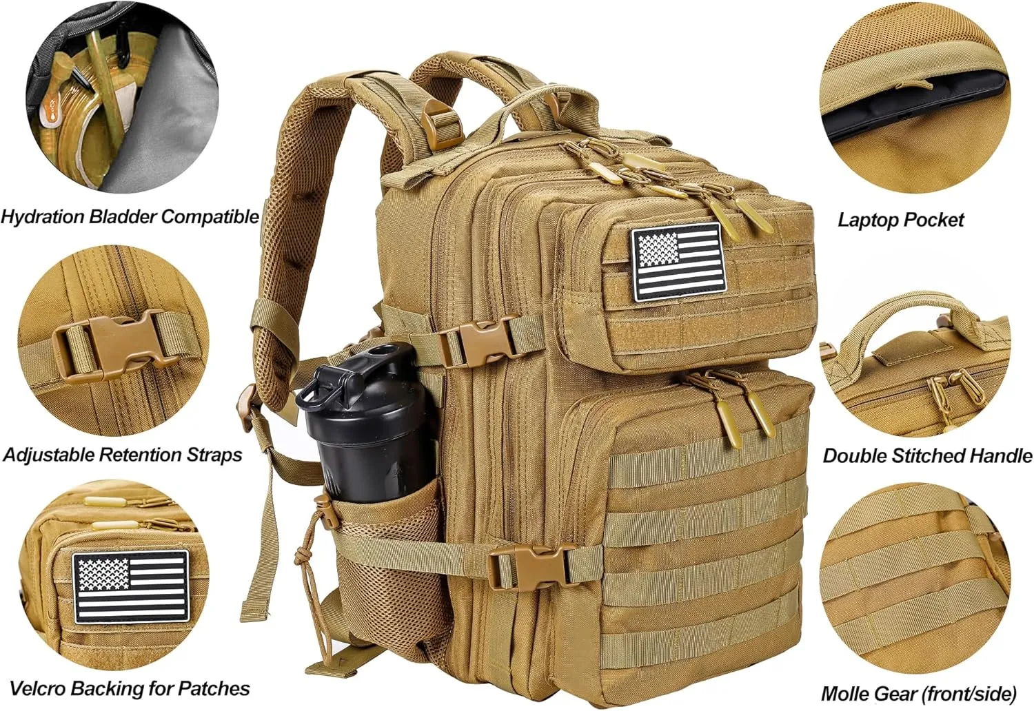 LHI Tactical Military Backpack for Men and Women 25L/35L Army Assault Pack Bag Small Rucksack with Bottle Holder