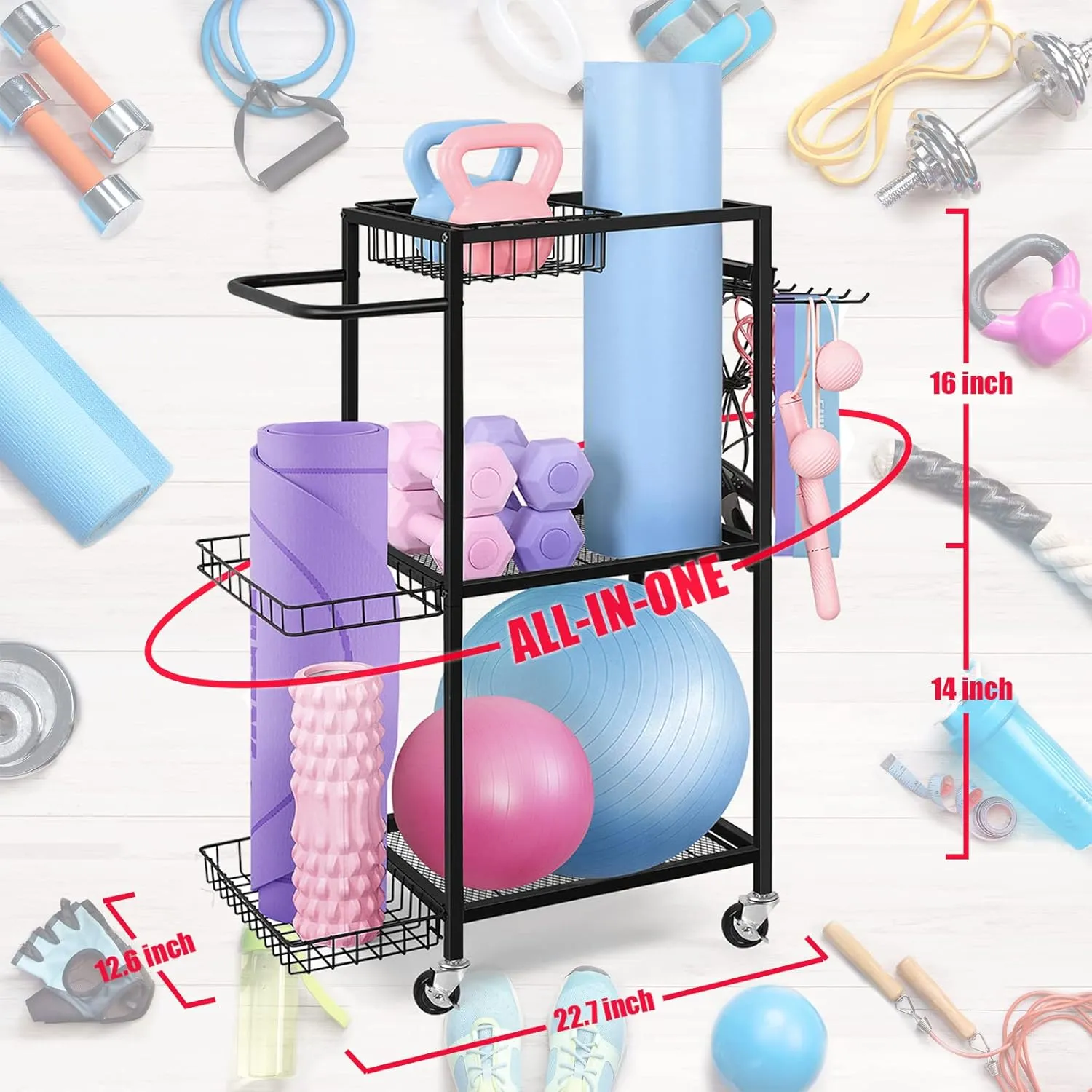 LIANTRAL Yoga Mat Storage Rack - Metal Gym Organizer for Yoga Mats, Foam Rollers & Fitness Equipment, Space Saving Workout Equipment Storage Rack for Home Exercise and Fitness Gear