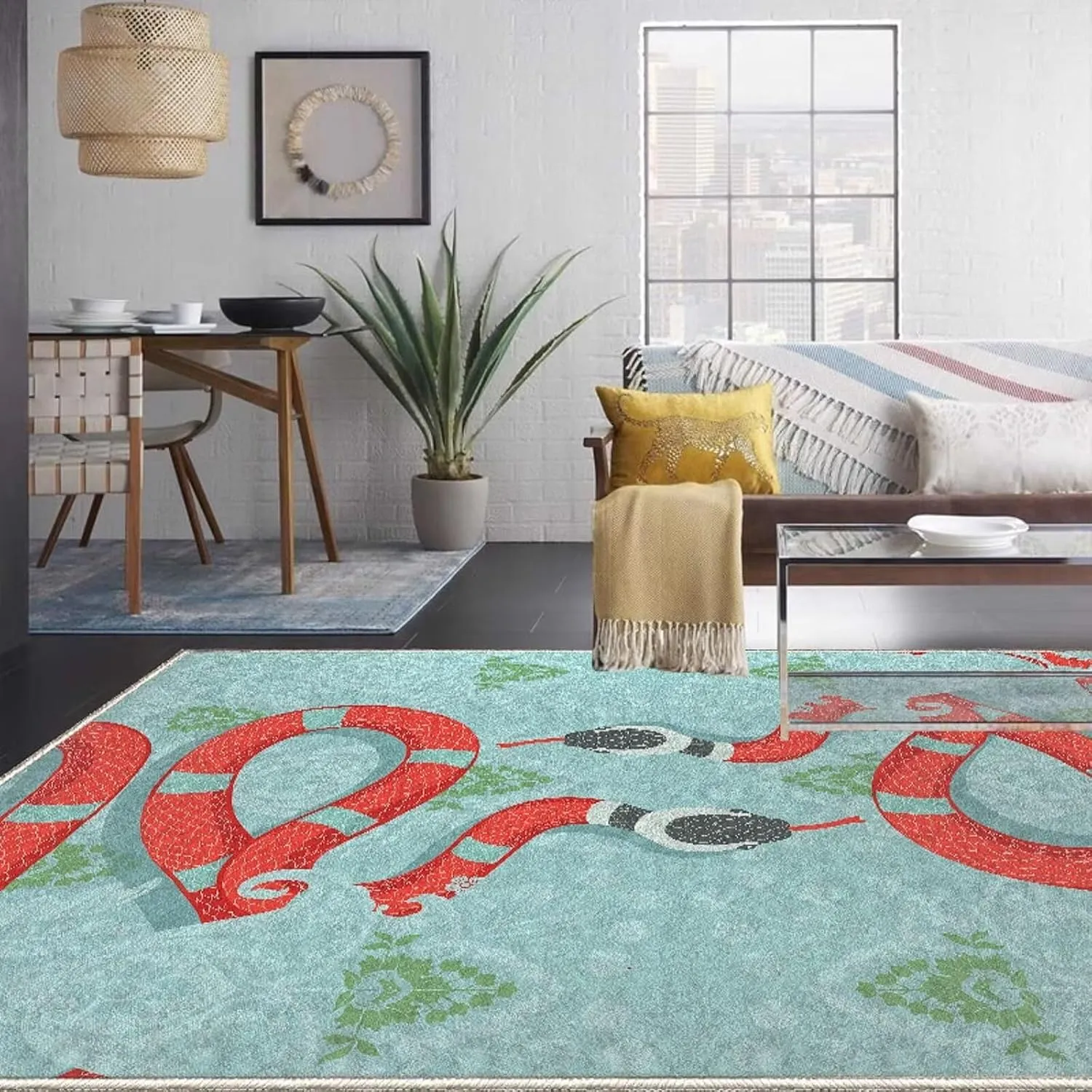 Light Blue Boho Snake Runner Rugs for Kitchen Bedroom Hallway 2×6ft Washable Animal Snake Area Rug Non Skid Indoor Home Decor Floor Mats