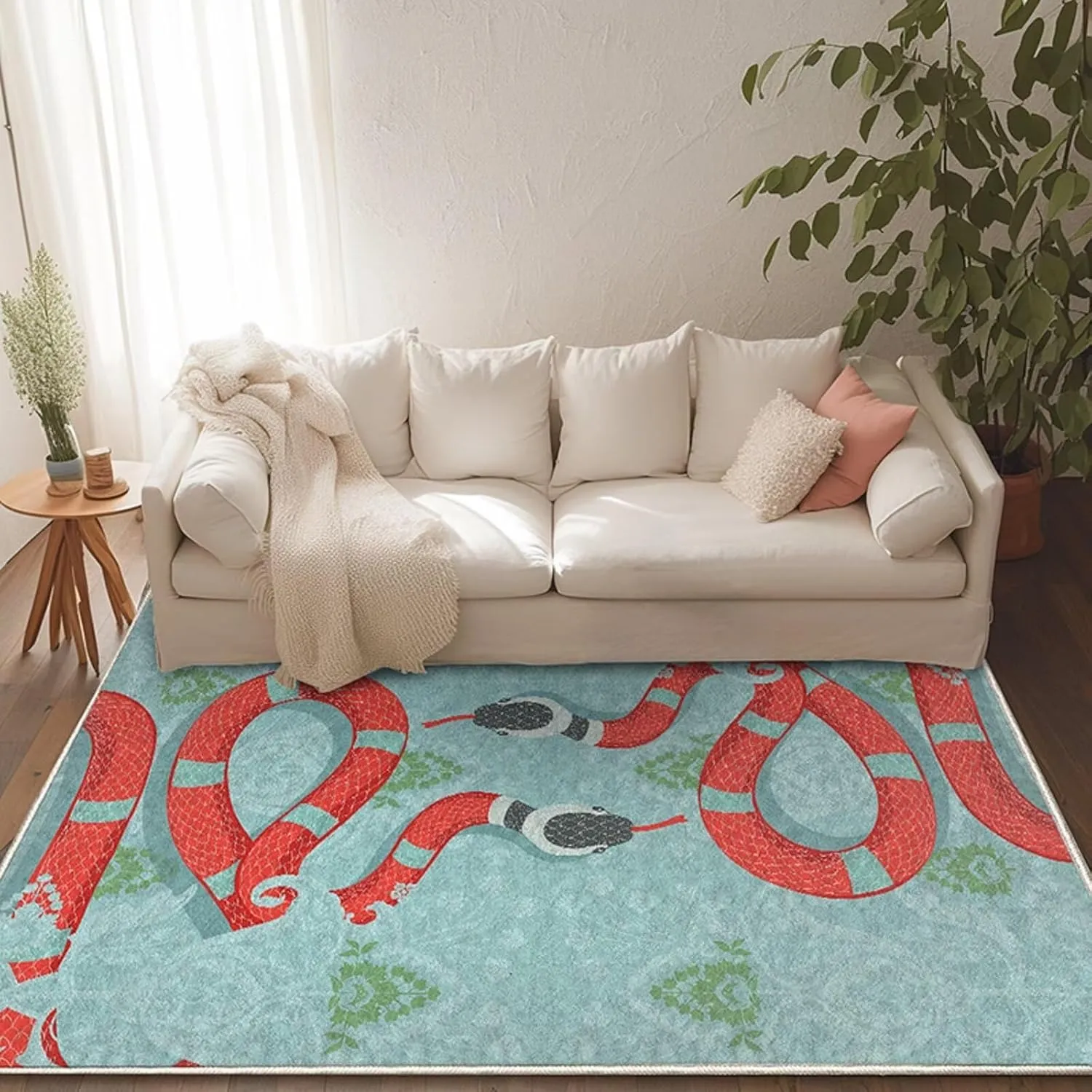 Light Blue Boho Snake Runner Rugs for Kitchen Bedroom Hallway 2×6ft Washable Animal Snake Area Rug Non Skid Indoor Home Decor Floor Mats
