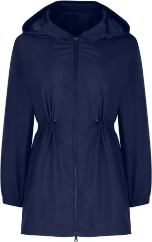 Light Rain Jacket Women Hooded Waterproof Zip Rain Coat Mid Length Cinch Waist Windproof Trench Coat for Women 2024