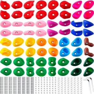 Liliful 64 Pcs Rock Climbing Hold Set Kids Rock Wall Climbing Kit Adult Mix Colored Grip with Mounting Hardware Wrenches for Outdoor Indoor Playground Backyard Back to School Gift