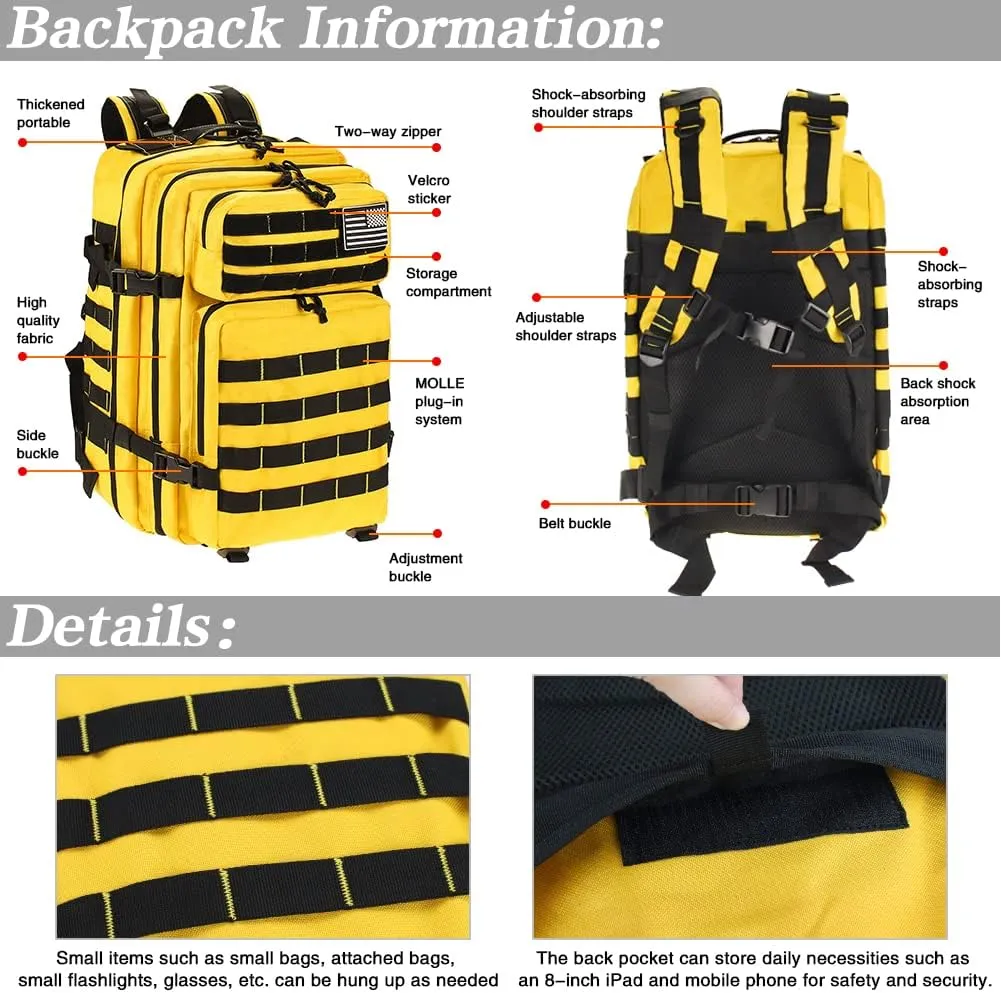 LIMHOO 45L Military Tactical Backpacks For Men Women Molle Bag 3 Day Assault Pack Hiking Rucksack with USA Flag Patch (Yellow)