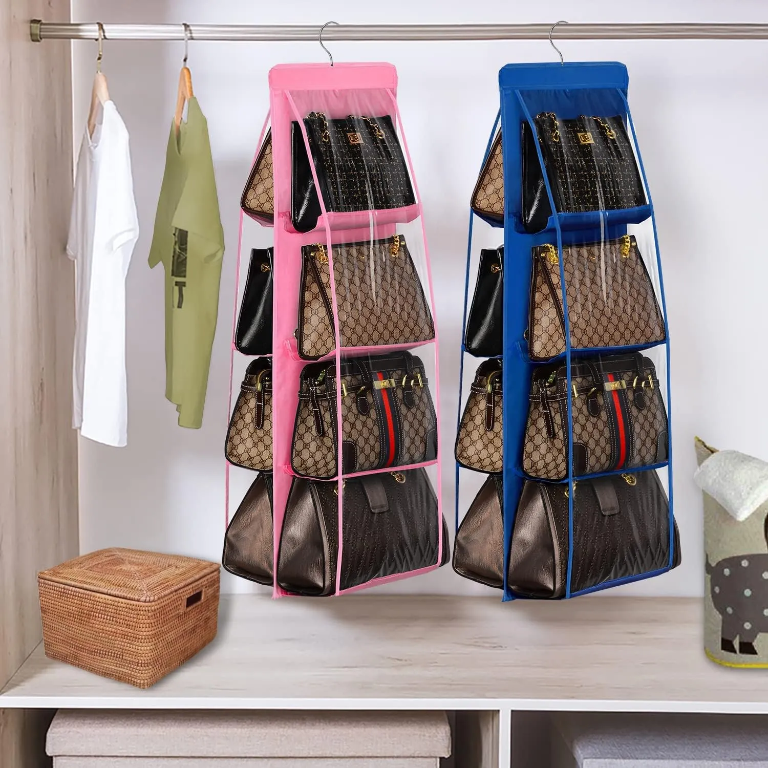 Lirex Handbag Hanging Purse Organizer for Closet, 8 Pocket Handbag Storage Organizer Hanger Oxford Cloth Closet Organizer for Family Closet Bedroom, Foldable and Universal Fit, Blue