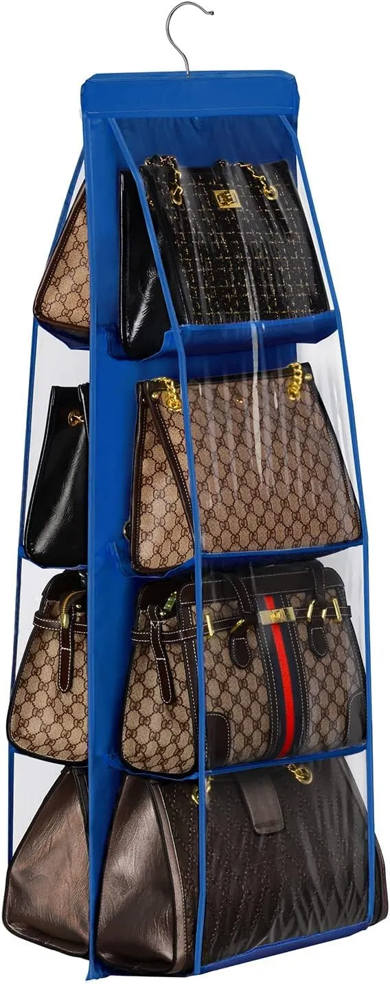 Lirex Handbag Hanging Purse Organizer for Closet, 8 Pocket Handbag Storage Organizer Hanger Oxford Cloth Closet Organizer for Family Closet Bedroom, Foldable and Universal Fit, Blue