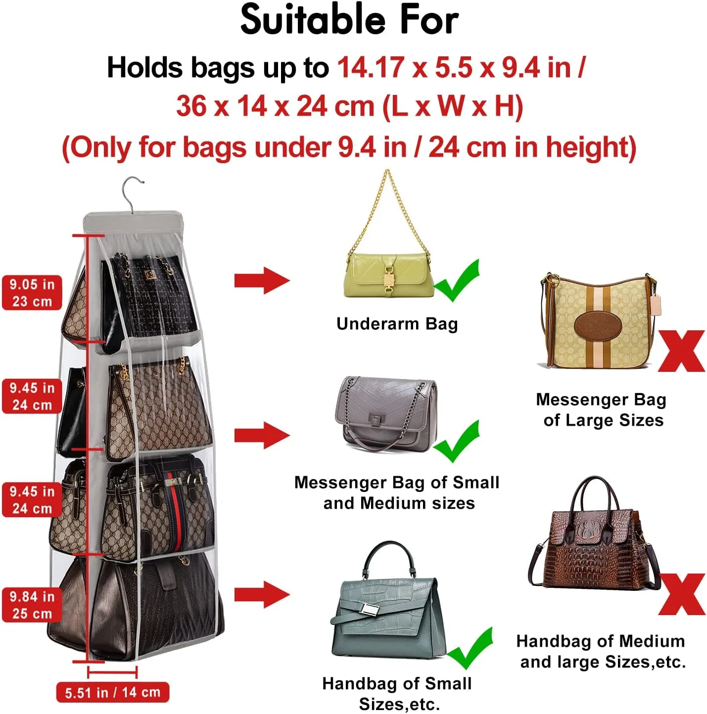 Lirex Handbag Hanging Purse Organizer for Closet, 8 Pocket Handbag Storage Organizer Hanger Oxford Cloth Closet Organizer for Family Closet Bedroom, Foldable and Universal Fit, Blue