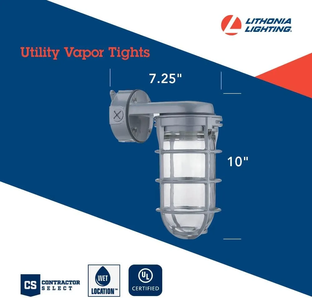 Lithonia Lighting Jelly Jar Light Fixture, Incandescent Utility Vapor Tight Wall Lamp, Industrial Style Wall Light for Indoor and Outdoor Use, 150W, 120V, Includes Junction Box, Grey (VW150I M12)