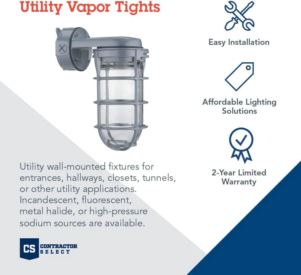 Lithonia Lighting Jelly Jar Light Fixture, Incandescent Utility Vapor Tight Wall Lamp, Industrial Style Wall Light for Indoor and Outdoor Use, 150W, 120V, Includes Junction Box, Grey (VW150I M12)