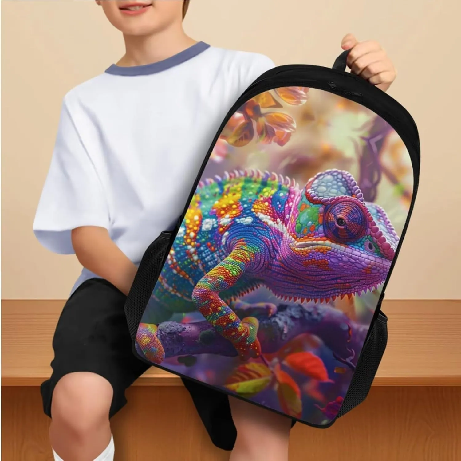 Lizard Print Backpack and Lunch Bag Set for Boys 17 Inch Fashion School Bookbag for Children Recycle Leakproof Large Insulated Lunch Bag for Picnic Climbing Shopping