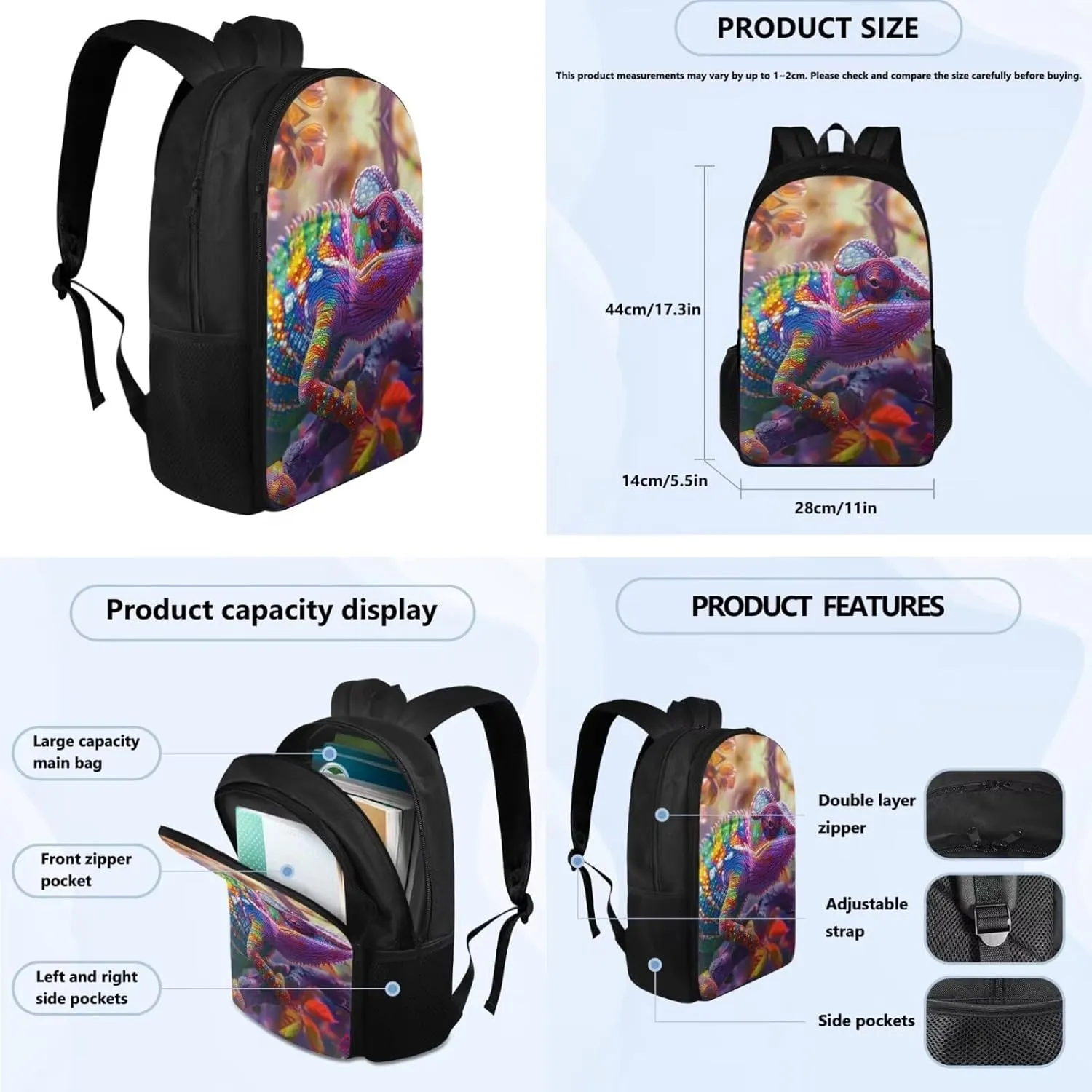 Lizard Print Backpack and Lunch Bag Set for Boys 17 Inch Fashion School Bookbag for Children Recycle Leakproof Large Insulated Lunch Bag for Picnic Climbing Shopping