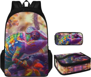 Lizard Print Backpack and Lunch Bag Set for Boys 17 Inch Fashion School Bookbag for Children Recycle Leakproof Large Insulated Lunch Bag for Picnic Climbing Shopping