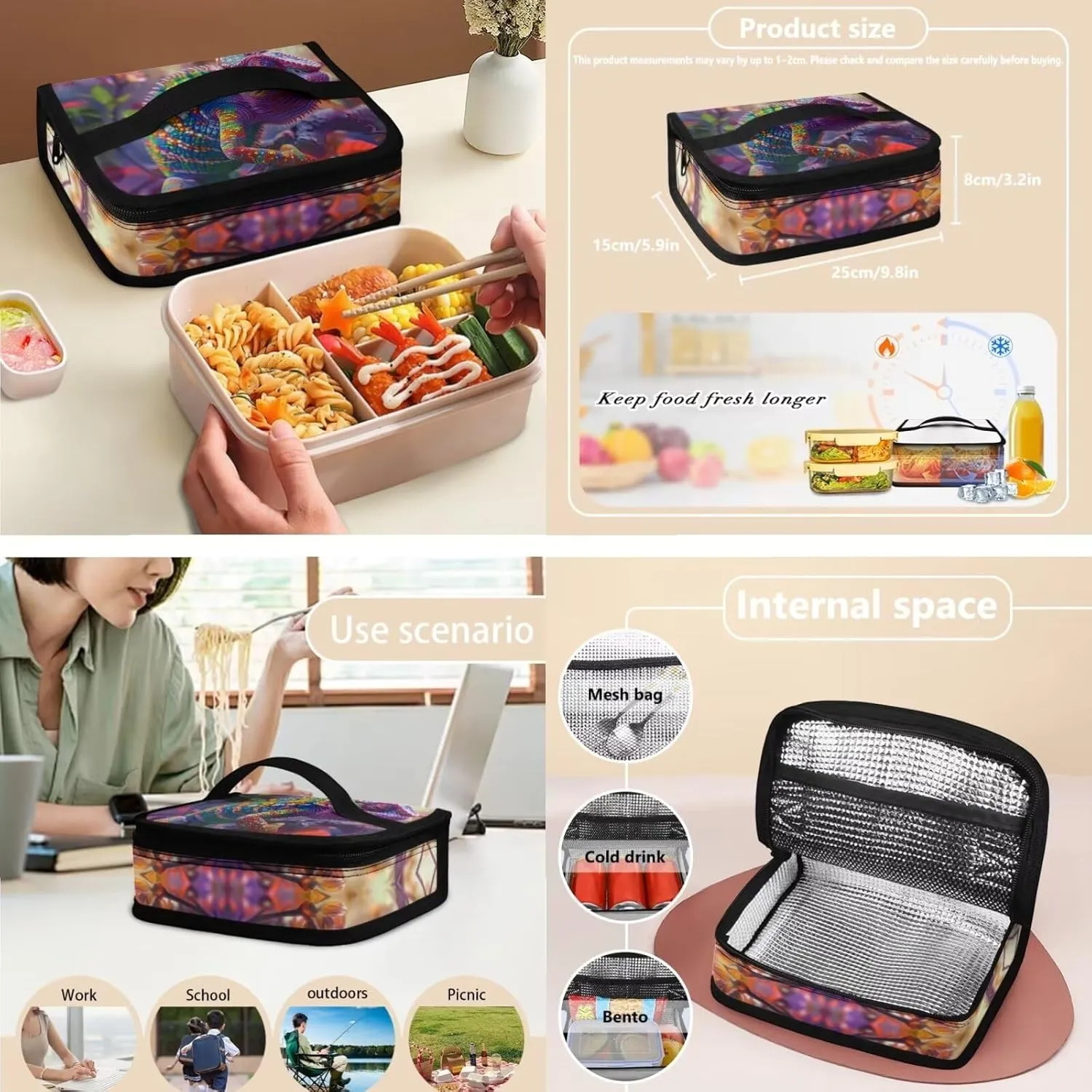 Lizard Print Backpack and Lunch Bag Set for Boys 17 Inch Fashion School Bookbag for Children Recycle Leakproof Large Insulated Lunch Bag for Picnic Climbing Shopping