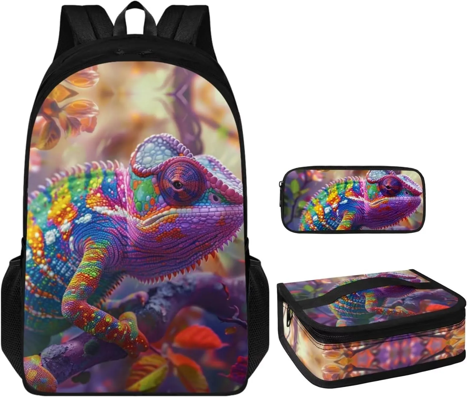 Lizard Print Backpack and Lunch Bag Set for Boys 17 Inch Fashion School Bookbag for Children Recycle Leakproof Large Insulated Lunch Bag for Picnic Climbing Shopping