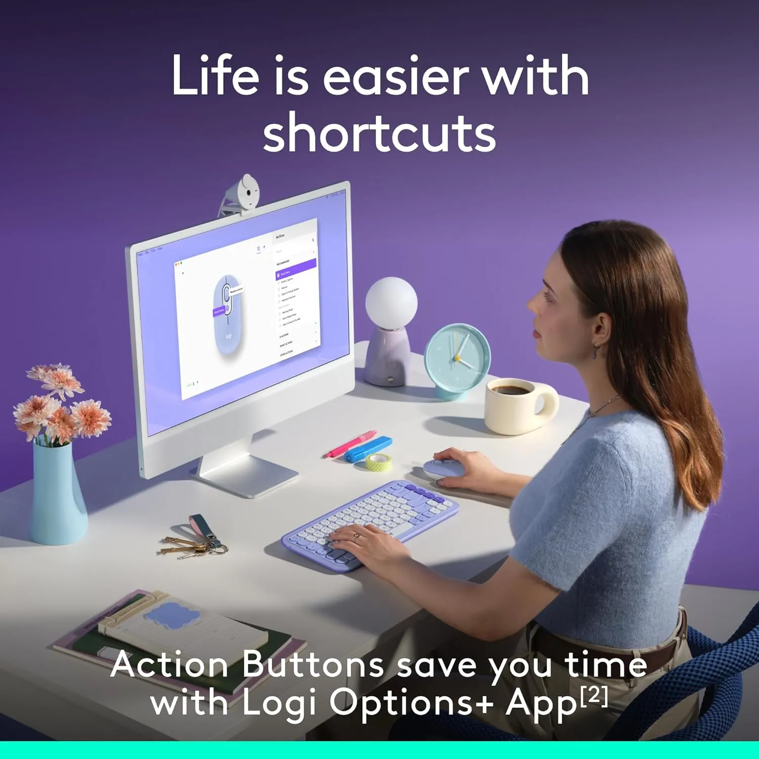 Logitech POP Mouse, Compact and Portable Wireless Bluetooth Mouse with Programmable Buttons and Quiet Clicks, Easy-Switch Between up to 3 Devices, Laptop, Tablet, PC - Lilac