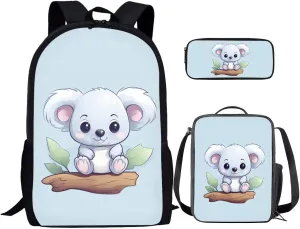 Lovely Koalas 3Pc Backpack Set for Boys Multi-Functional Adjustable Straps Crossbody School Bag Grease Proofing Recycle Food Bag for Travel Work Office Climbing School