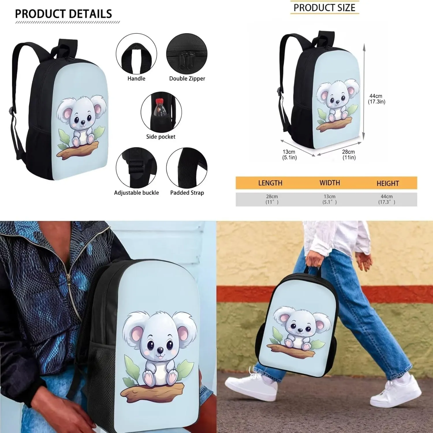 Lovely Koalas 3Pc Backpack Set for Boys Multi-Functional Adjustable Straps Crossbody School Bag Grease Proofing Recycle Food Bag for Travel Work Office Climbing School