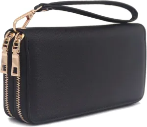 LOVESOME Womens Small Zip Around, Double Zip Around - Double Compartment Wristlet Wallet with Wrist Strap