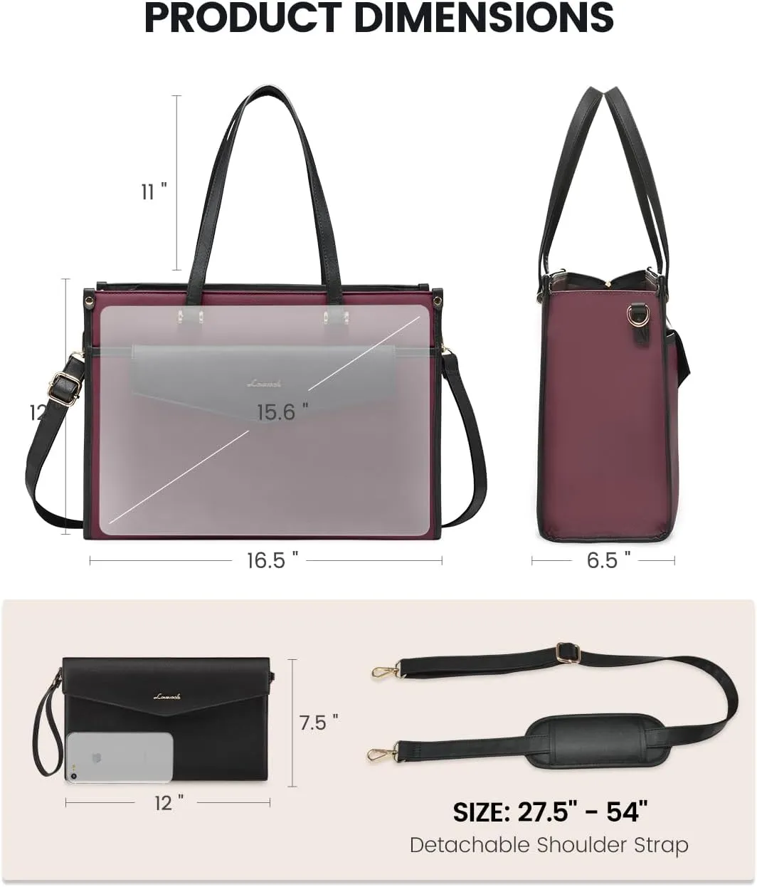 LOVEVOOK Laptop Bag for Women, 15.6'' Laptop Tote Purse 2-in-1 Professional Work Bag Business Briefcase with Clutch Purse, Waterproof Leather Computer Handbag for Teacher Office Travel