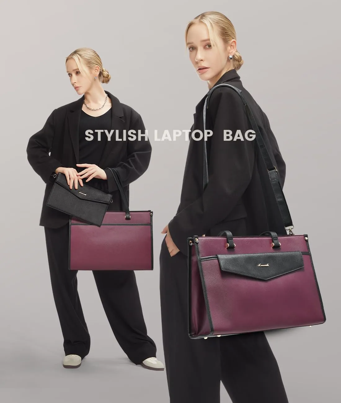 LOVEVOOK Laptop Bag for Women, 15.6'' Laptop Tote Purse 2-in-1 Professional Work Bag Business Briefcase with Clutch Purse, Waterproof Leather Computer Handbag for Teacher Office Travel